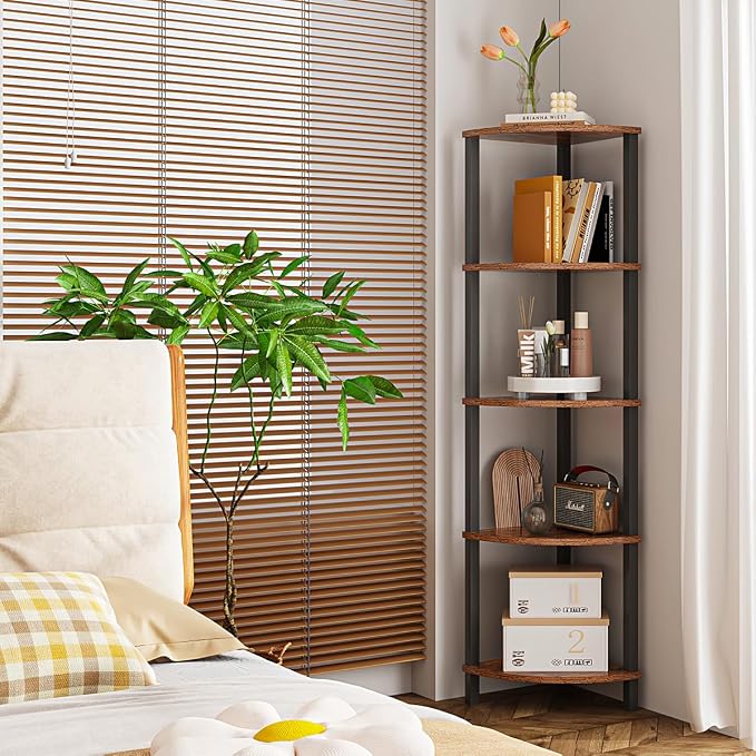 VIMBER Corner Shelf, 5-Tier Corner Bookshelf, Industrial Corner Ladder Shelf, Rustic Display Shelf for Living Room, Bedroom, Kitchen, Home Office, Rustic Brown and Black UJSJ001H