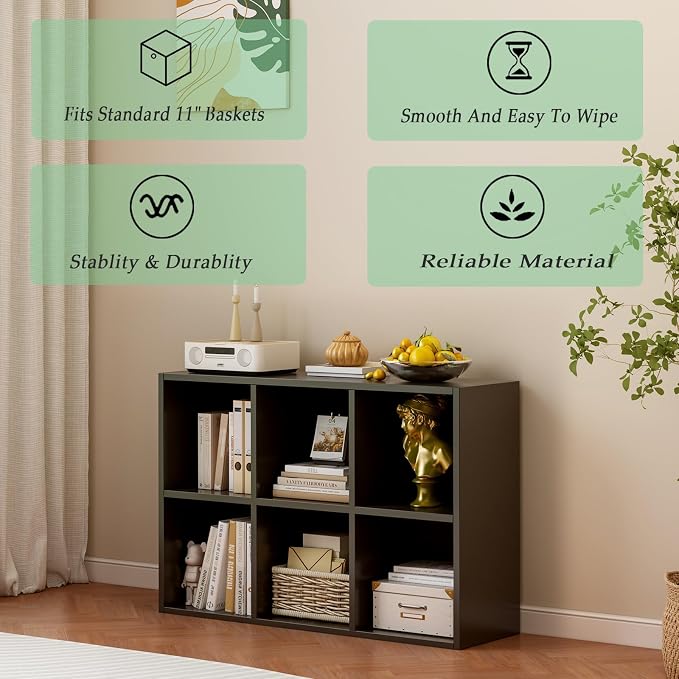 6-Cube Storage Shelf Bookcase, Black | Wooden 3-Tier Open Bookshelf, Fits 11×11" Bins, Vertical or Horizontal Use, Full Back Panels, For Home Office