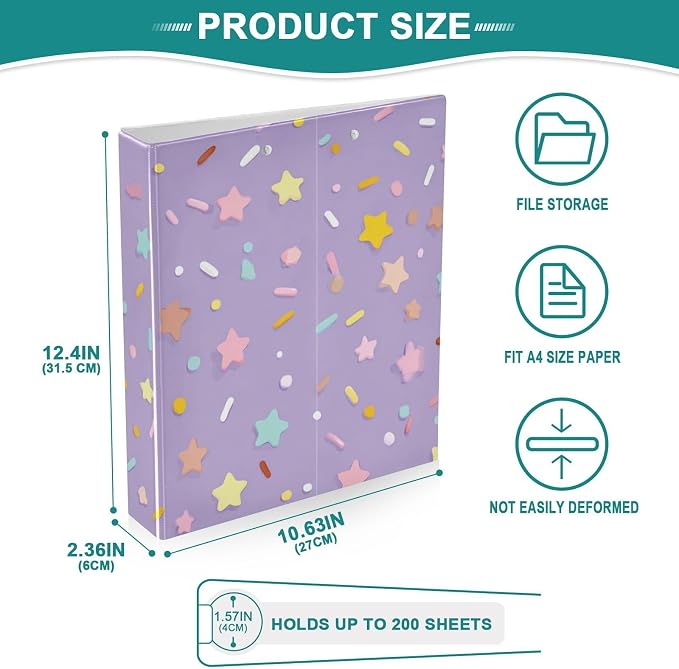 Aslsiy Ice Cream Confetti 3 Ring Binder 1.5 Inch Purple Star Round Clipboard Binder Decorative Harcover Binders Organizer for Office Supplies