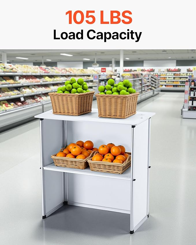 VEVOR Promotion Counter Table, Portable Tradeshow Podium Table, 30.91" x 14.96" x 71.46", Display Exhibition Counter Stand Booth Fair with Wall, Pop Up Podium with Storage Rack/Carrying Bag