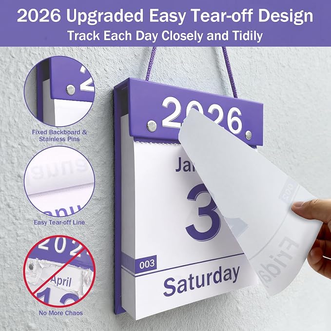 2026 Daily Wall Calendar, Tear off Page per Day with Large Print Dates | 365 Day Calendar for Seniors Gift Home Office School Dorms with Hanging String, 8.5" x 6", Purple