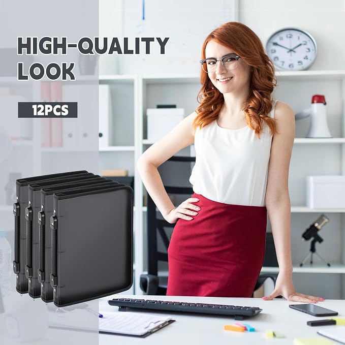 Teling 12 Pcs 1 Inch Zipper Binder 3 Ring Organizer, Black | Secure Zipper Closure, Refillable 3 Ring Design, Handle Carry, Fits Letter Size Papers for School, Office and Projects
