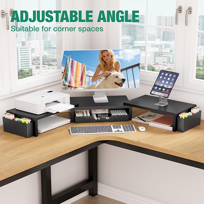 Desk Organizer and Accessories, Dual Computer Monitor Stand Riser with Drawer and 2 Pen Holders, Laptop Stand, Office Desk Accessories for Office Supplies, Black