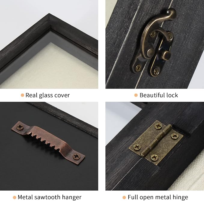 TJ.MOREE Shadow Box 12 x 12 Display Case Wood Picture Frame Memory Black | Fits 10.6x10.6 Inserts with Linen Back & Glass, Rustic Keepsake Box for Pet Memorabilia Gifts Wedding Bouquet Military Medals