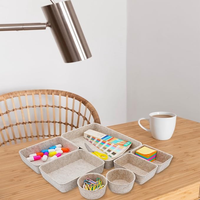 7pc Scandinavian Felt Desk Drawer Organizer Oatmeal Catchall Tray | Sustainable material soft yet sturdy,multi-purpose storage, sleek minimalist lifestyle