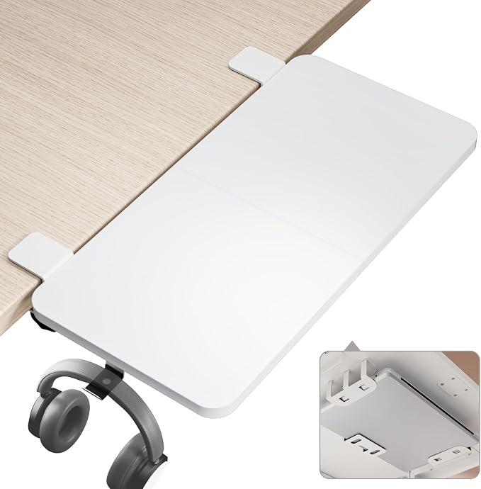 Desk Extender Tray, 24" x 12", with Laptop Holder, Medium, White | Desk Extension, Clamp on Desk Shelf, Clamp On Keyboard Tray for Office and Home, Workstation Organizer