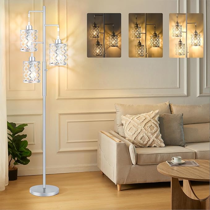 Dimmable Floor Lamp, Farmhouse Standing Lamp with Elegant Metal Cage, Industrial Tall Tree Floor Lamps for Living Room Bedroom Study Room Office, 3 x 800LM LED Bulbs Included - 68", Silver
