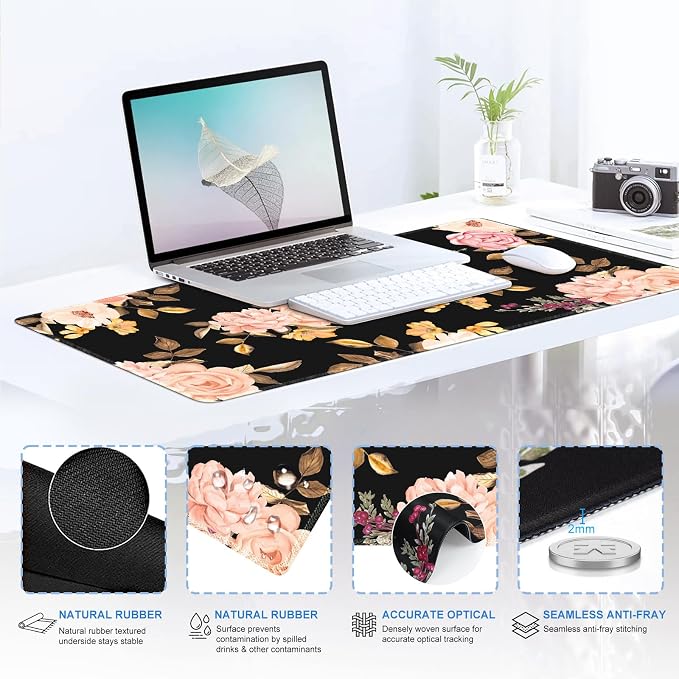 iCasso Floral 4in1 Computer Mat, 35.4"x15.7" Work Mat for Computer | Retro Ergonomic Desk Pad Including Keyboard Wrist Rest, Mousepad Set for Teacher Cubicle Office Computer Setup