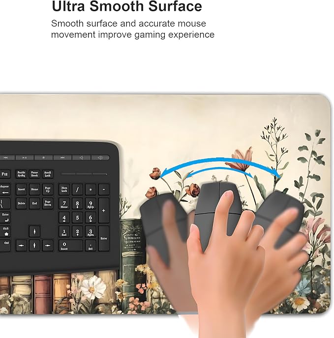 Floral Aesthetic Book Gaming Mouse Pad, Beige Vintage Botanical Desk Mat with Anti-Slip Base & Stitched Edges, Computer Keyboard & Laptop Pad, 35.4" x 15.7" in in Workstation Accessories