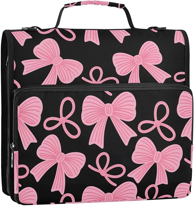 Pink Bow Black Zipper Binder Bag 3 Ring Binder with Shoulder Strap Zip Up 500 Sheets Capacity Multi Pockets for School Office Supplies
