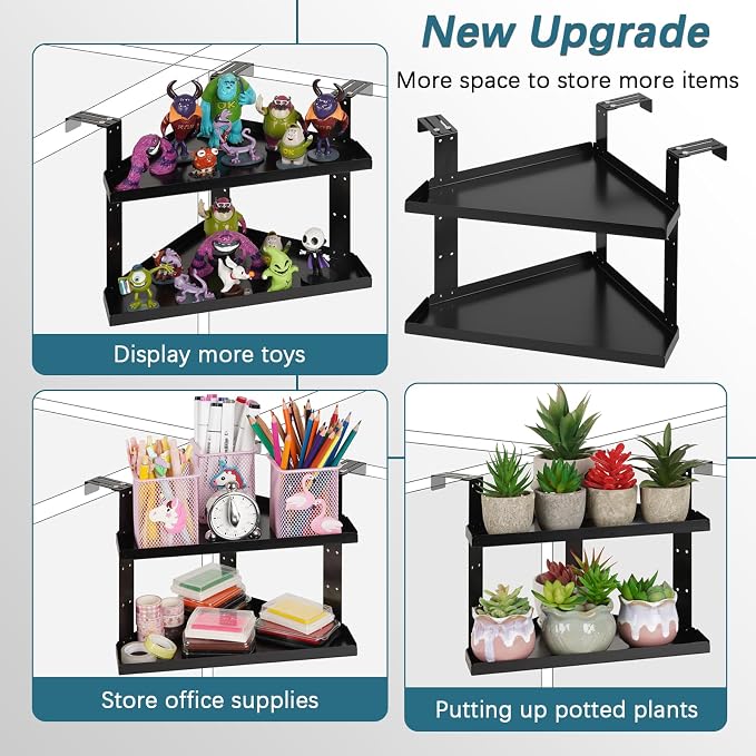 Office Cubicle Shelf, Double Layer Cubicle Storage with Adjustable Hooks | Shelf Organizer Accessories, Height Adjustable 11in Large Hanging Corner Shelf for Plant, Book, Photo Frames, Tissue, Black