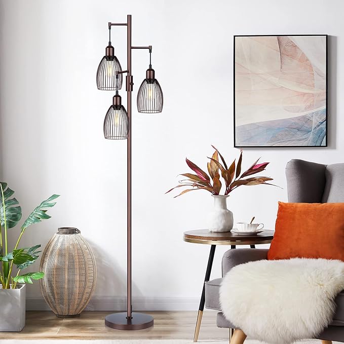 Torondo Dimmable Floor Lamp, Industrial Floor Lamps for Living Room, Brown Tree Lamp Standing Lamp Tall Lamps with 3 Elegant Teardrop Cage Head & 800 Lumens LED Bulbs for Living Room Bedroom Office