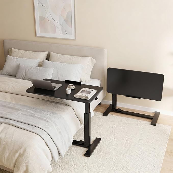 DUMOS Mobile Standing Desk, Bedside Table, Overbed Table | Adjustable Pneumatic Lift, Hidden Wheels, Portable Computer Cart, Bed Couch Office Sofa, Modern Black