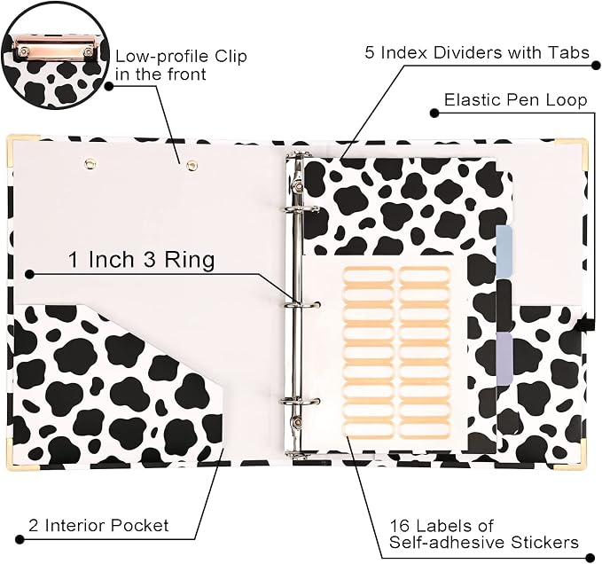 EYROZILL Mini 3 Ring Binder 1 Inch for 5.5" x 8.5" Paper with 5-Tab Dividers EYROZILL Cute Binders for School/Office Supplies and Home, Cow Print