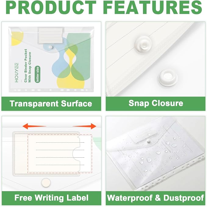 HOUYEE 12 Pack Heavy-Duty Clear Binder Pocket Folders for 2/3/4 Ring Binder | 11 Holes Binder Envelopes with Snap Closure, Plastic Clear Binder Folders for Office, 8 Mil,100 Sheet Capacity, Letter Size