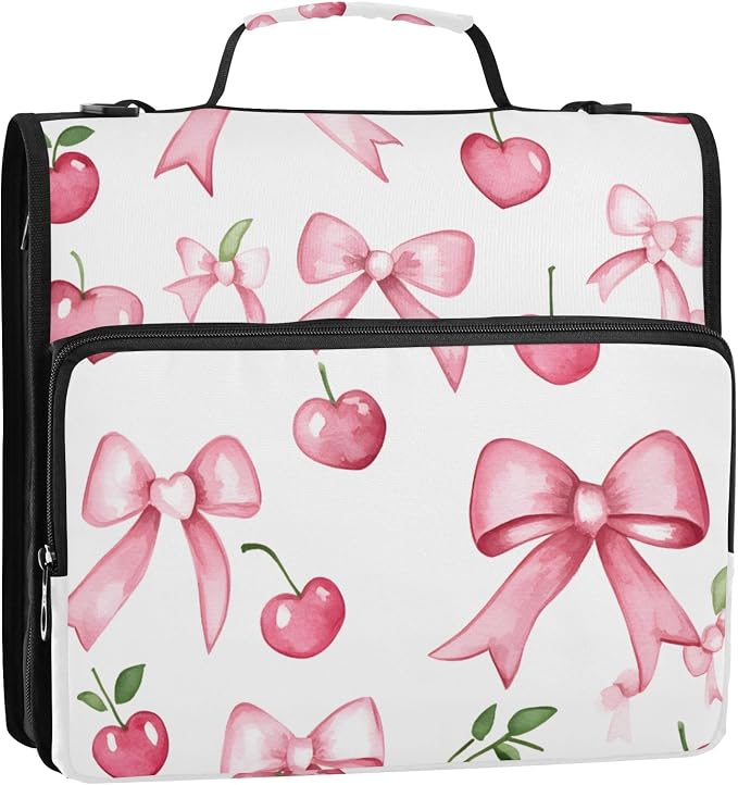 Pink Bow Cherry 3 Ring Zipper Binder Bag Binder Organizer with Handle Shoulder Strap for School Work Office Supplies