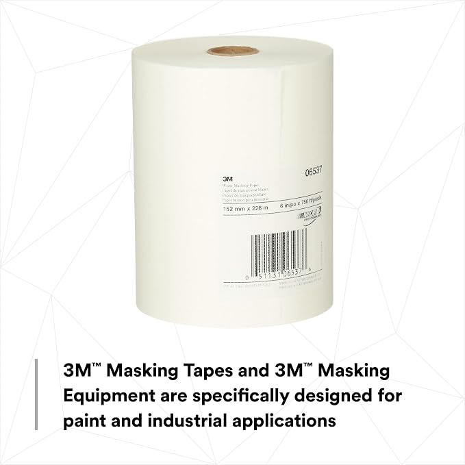 3M White Masking Paper 06537, Heat Resistant, Flexible, 6 in x 750 ft | Lint Free
