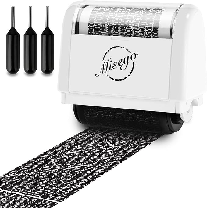 Miseyo Wide Identity Theft Protection Roller Stamp Set - White (3 Refill Ink Included)