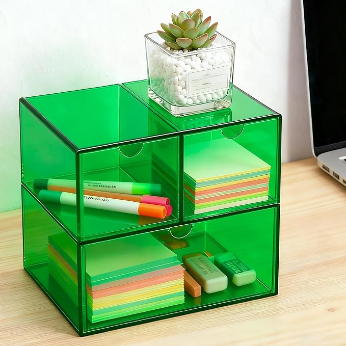 Gelite Desk Organizer with 3 Storage Drawers for Makeup Office Acrylic Desktop Drawer Organizer for Vanity Office Organization and Storage Box, Emerald Green