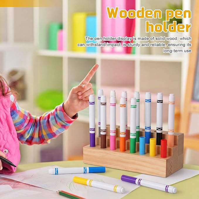 Cinnvoice Wooden Marker Stand Marker Pen Holder Storage Organizer for Classroom Display Stand Paint Brush Holder for Organization Storage Supplies (24 Holes)