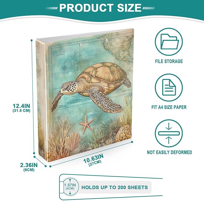 Nautical World Map Vintage Sea Turtle Binder 1.5 Inch Binder with Clipboard&Pockets, Hardcover Binders 3 Ring, Heavy Duty Large File Folder for Office School Supplies - Holds 200 Sheets