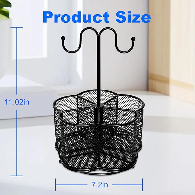 Pen Holder for Desk,360 Degree Rotating Pencil Holder Organizer | 5 Compartments,Large Capacity Pencil Holder for Desk,Metal Rust Prevention,Pen Organizers for Home(Black, With hook)