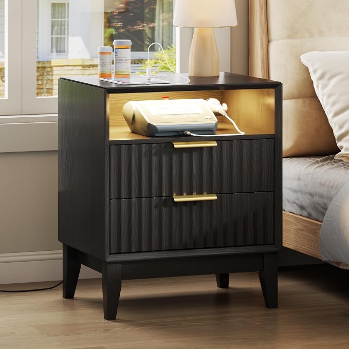 20“ W Fluted LED Nightstand with Charging Station, RFID Lock, Black | Bedside Table with Hidden Drawer, 2 Drawers, Open Cubby, Motion Sensor, USB and Type-C Ports, Night Stand for Bedroom