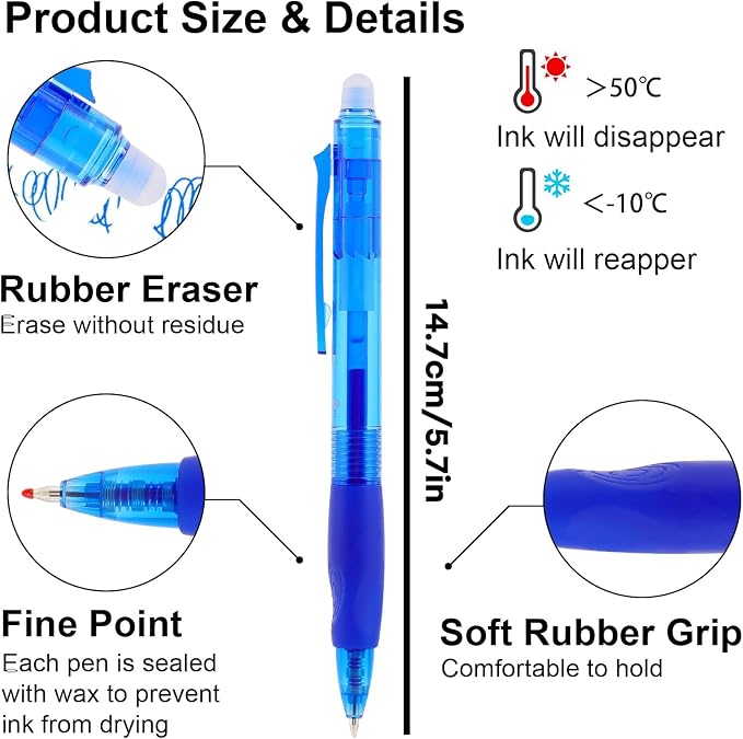 USUAL 54 Blue Retractable Erasable Gel Pens Clicker, Fine Point(0.5mm),Blue Ink for Planners,Make Mistakes Disappear, Premium Comfort Grip, Smooth Writing Pen Office Back-to-School Supplies