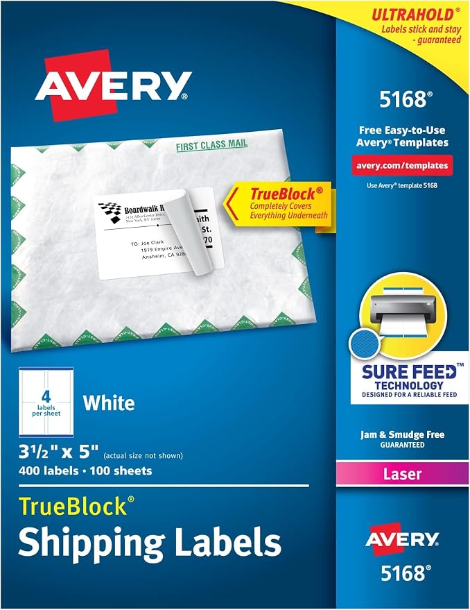 Avery Printable Shipping Labels with Sure Feed, 3-1/2" x 5", White, 400 Blank Mailing Labels for Laser Printers (5168) (Pack of 5)