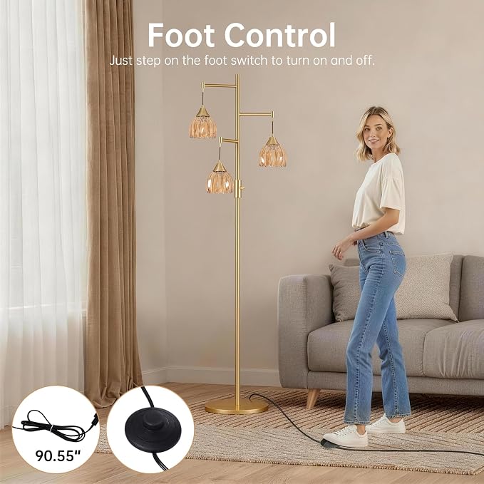 Shenmoyl Stepless Dimming Floor Lamps for Living Room, Bedroom, Gold Standing Lamp with 3pcs 6W Bulbs, Vintage Brass Floor Lamp for Corner, Nursery (Amber Tulip)