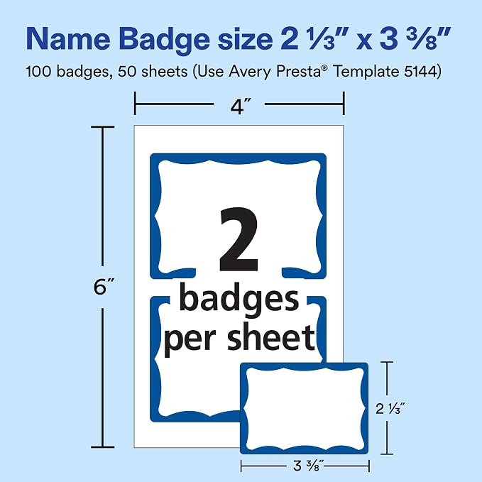 Avery Customizable Name Tags, 2-1/3" x 3-3/8", White with Blue Border, Removable Adhesive, 100 Name Badge Labels Total, Great for Meetings, Events, and More (05144)