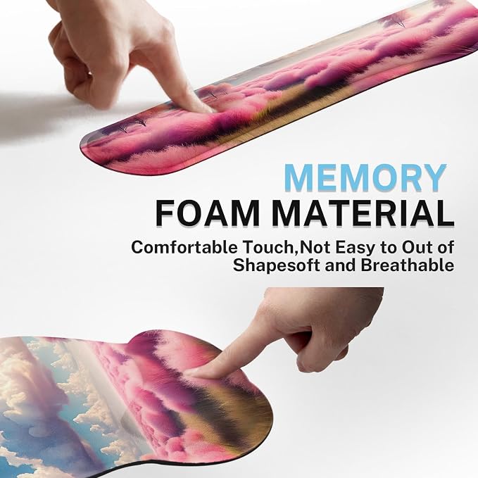 Keyboard Mouse Pad Set, 4 in 1 Desk Mat Set, Pink Clouds | Plants Dreamy Large Mousepad+Keyboard Wrist Rest+Mouse Wrist Rest+Coaster Ergonomic Design for Home Office Computer