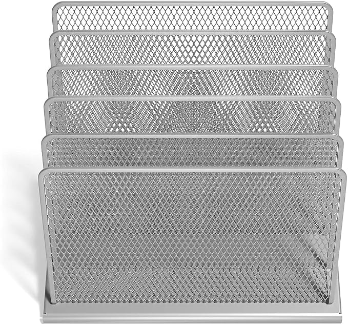 TRU RED Wire Mesh File Organizer, 5‑Compartment, Silver, 2‑Pack – Vertical Desktop Sorter for Files, Folders & Mail