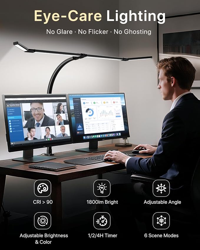 ONEMIX LED Desk Lamp with Clamp, 42-Inch 4-Panel Light for Dual Monitors | 1800 Lumens, 4 Adjustable Panels, 5 Color Temps, 5 Brightness Levels, Remote, Timer, Flicker-Free for Home Office