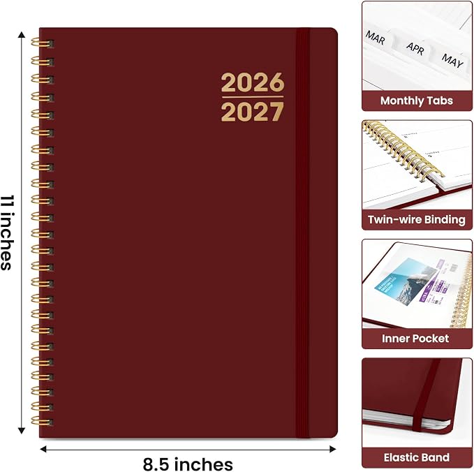 Taja Planner 2026-2027, Jul 2026-Jun 2027 Monthly & Weekly Calendar Book | 8.5" x 11", Hardcover Academic Calendar with Tabs, Teacher Student Agenda Book for School Office Supplies - Burgundy
