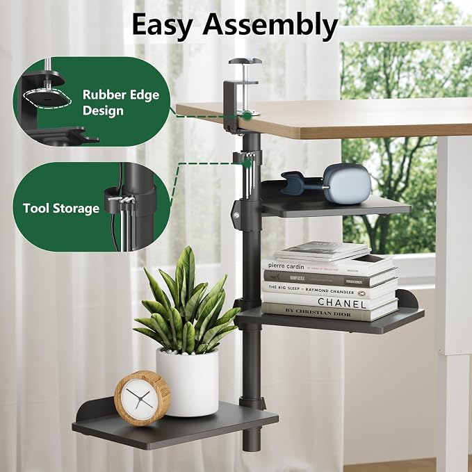 3 Tier Clamp on Desk Shelf, 360° Rotatable Desk Riser, Black | Height Adjustable Desktop Storage Tray with Baffle, Over or Under Desk Organizer Shelf for Office Accessories