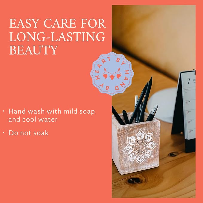 Serena Mango Wood Pen Holder - Whitewash, 4x3.5 in | Cute wooden pencil cup layout curated specifically to provide quick home desk organization and rustic office decor styling.