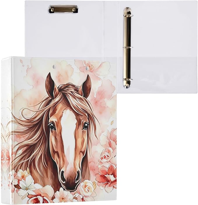 3 Ring Binder Brown Horse Watercolor Flower 1.5" Round Ring Binders View Binder with 200 Sheet for Kids School Supplies Women Men Office, 1 Pack