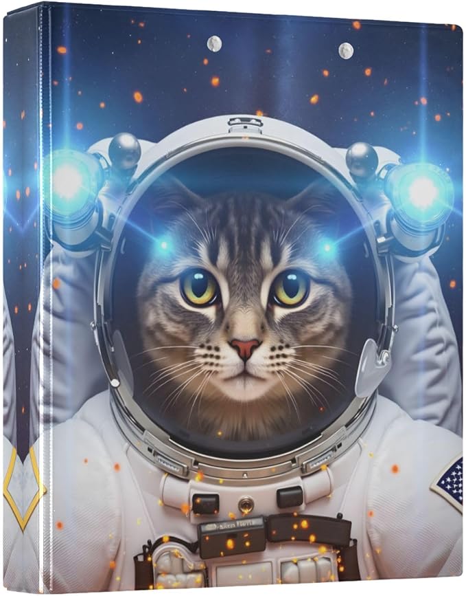 3 Ring Binder Cat Space Astronaut 1.5" Round Ring Binders View Binder with 200 Sheet for Kids School Supplies Women Men Office, 1 Pack