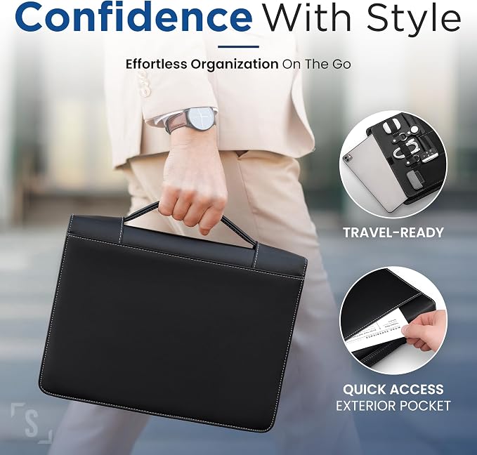STYLIO Zipper Portfolio Binder with Carrying Handle | Removable 3-Ring Binder (1") w/Clipboard Padfolio | Organizer for Documents, iPad, Tablet, Phone, Notebook| Business Leather Folio for Men Women