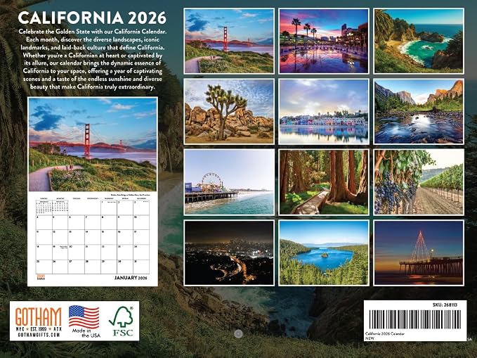 California Calendar 2026 Wall 12 Month Monthly CA Scenic Souvenirs Californian Themed Gifts | American Made In The USA
