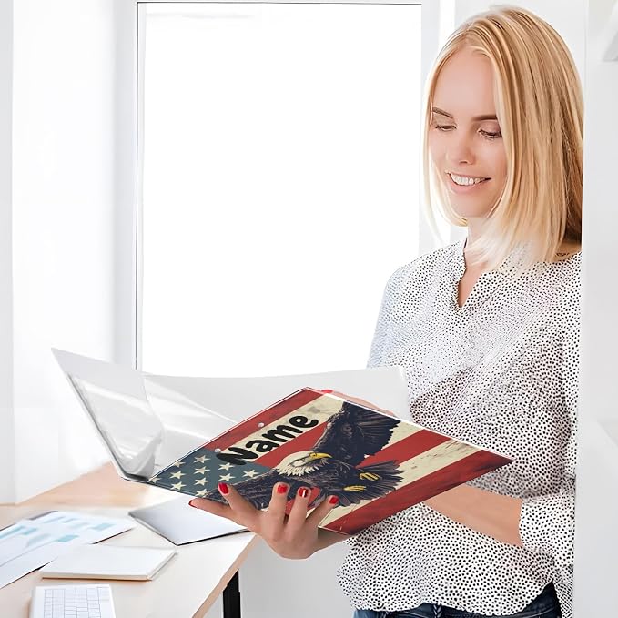 Custom 3 Ring Binder American Flag Eagle 1.5" Round Ring Binders Personalized Name View Binder with 200 Sheet for Kids School Supplies Women Men Office, 1 Pack