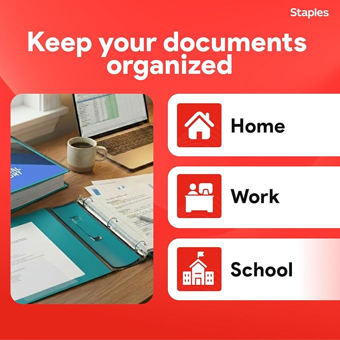 Staples Heavy-Duty 3-Inch D-Ring Binder, Teal, Holds 600 Sheets | Large-capacity 3-ring binder with interior pockets for document storage.
