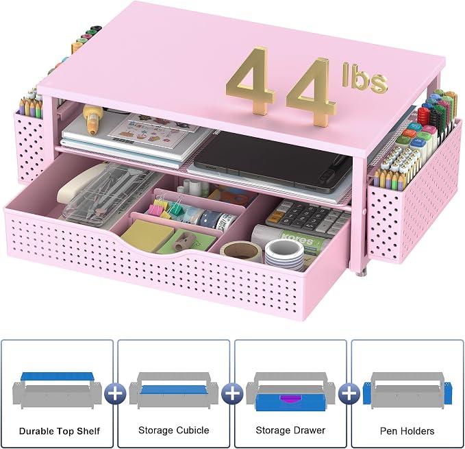 Spacrea Desk Organizer and Accessories, Computer Monitor Stand Riser with Drawer and 2 Pen Holders, Office Desk Accessories & Workspace Organizers for Office Supplies (Pink)