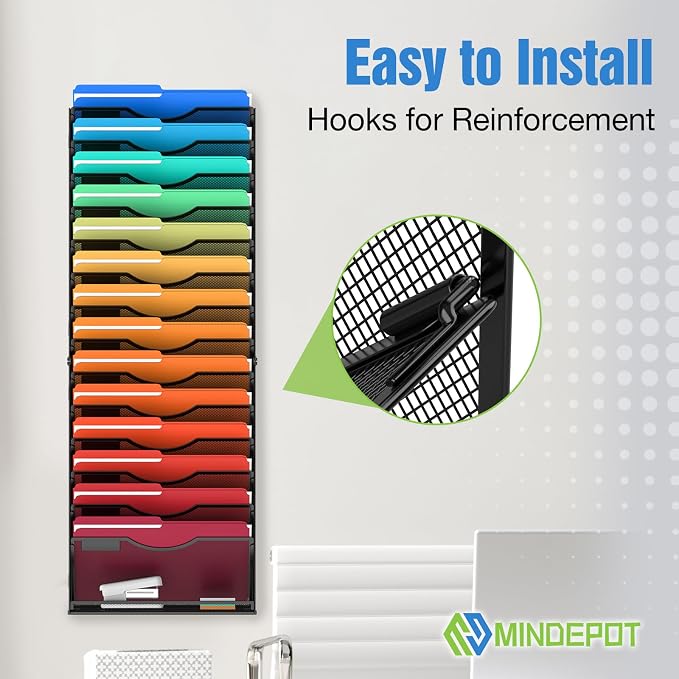 MINDEPOT 15 Tier Wall File Holder Hanging Wall Mount Paper File Organizer for Mails Folders Document Magazine Organization, for Office School Home, Black