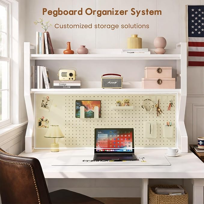 Lefedrasticity 3 Tier Desktop Bookshelf with Pegboard Desktop Organizer Shelf for Dorm Heavy-Duty Desk Shelf Organizer Desk Bookshelf for Office Dorm Room Gaming Desks (White, 45.3" L)