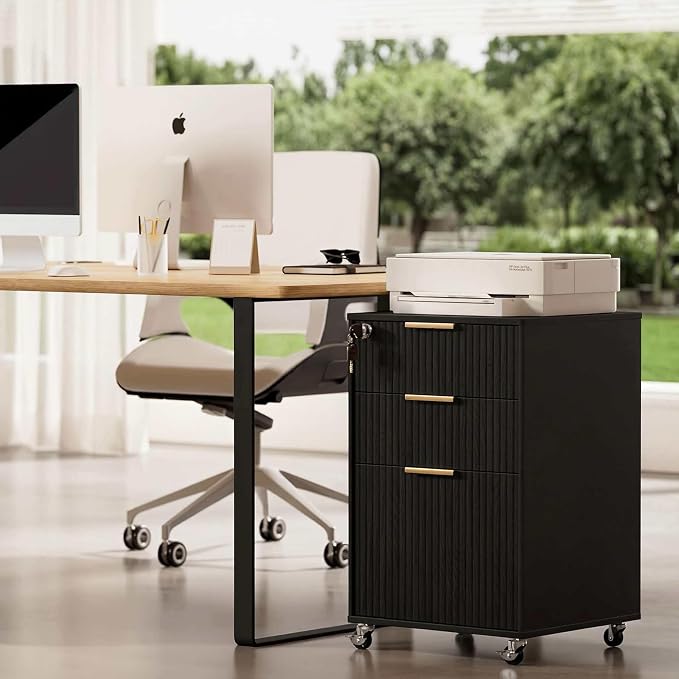 3 Drawers Fluted Mobile File Cabinet with Lock, Rolling File Cabinet Printer Stand Table, Under Desk Wooden Filing Cabinets for Home Office Essentials Storage Organization Furniture Letters/A4(Black)