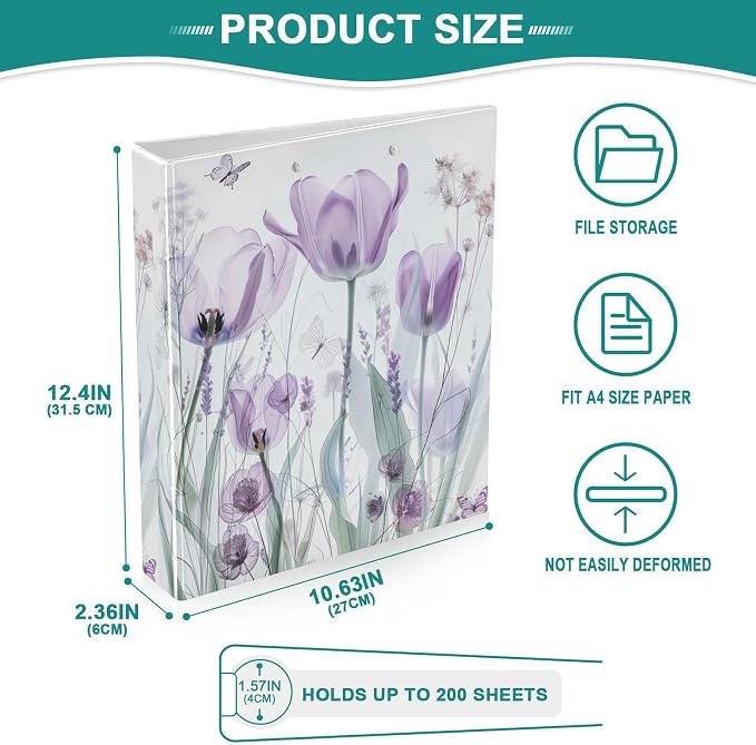 3 Ring Binder, Purple Tulips Flowers Pastel File Folder Holds 200 Sheets File Storage for Women Men School Office Supplie