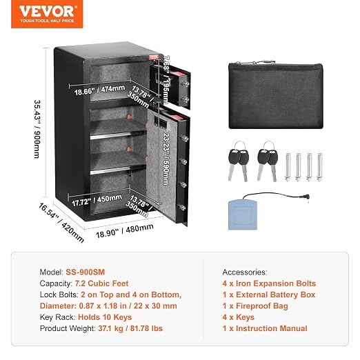 VEVOR Double Doors 7.2 cu.ft Safe Box with Key Lock & Password, Safe Lock Box with Fireproof Bag, Key Rack, LED Light and 2 Height Adjustable and Removable Divider for Money, Documents, Jewelry and Va