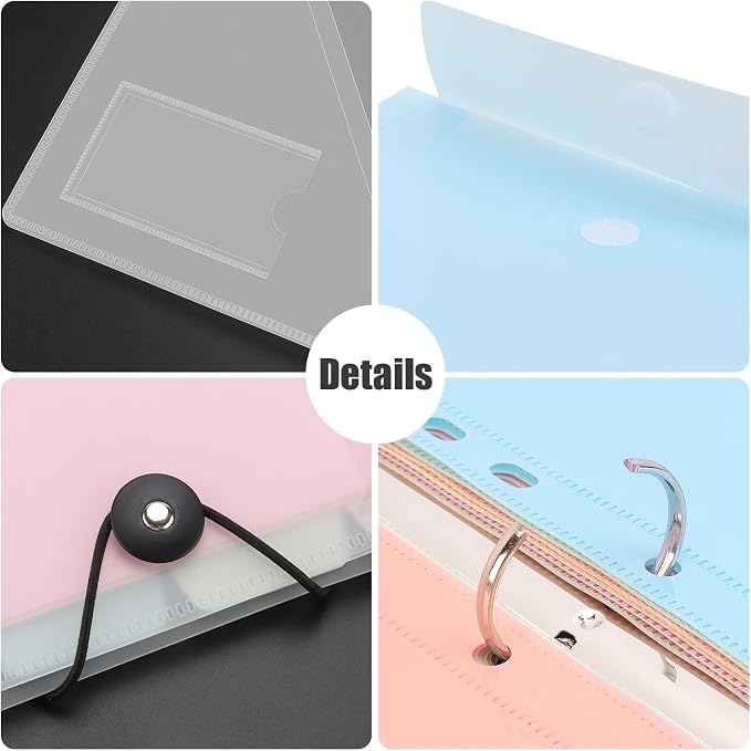 Uquelic A4 Binder, Folio Document Organizer, 3 Ring Folder Letter Size | Cute 12-Pocket Life Binder for Paper, Files, Photos, Letters, Cards (Clear-Macaron)